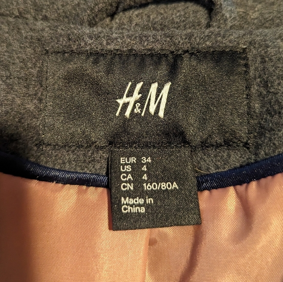 H&M Grey Belted Pea Coat with Pink Lining - Picture 3 of 4